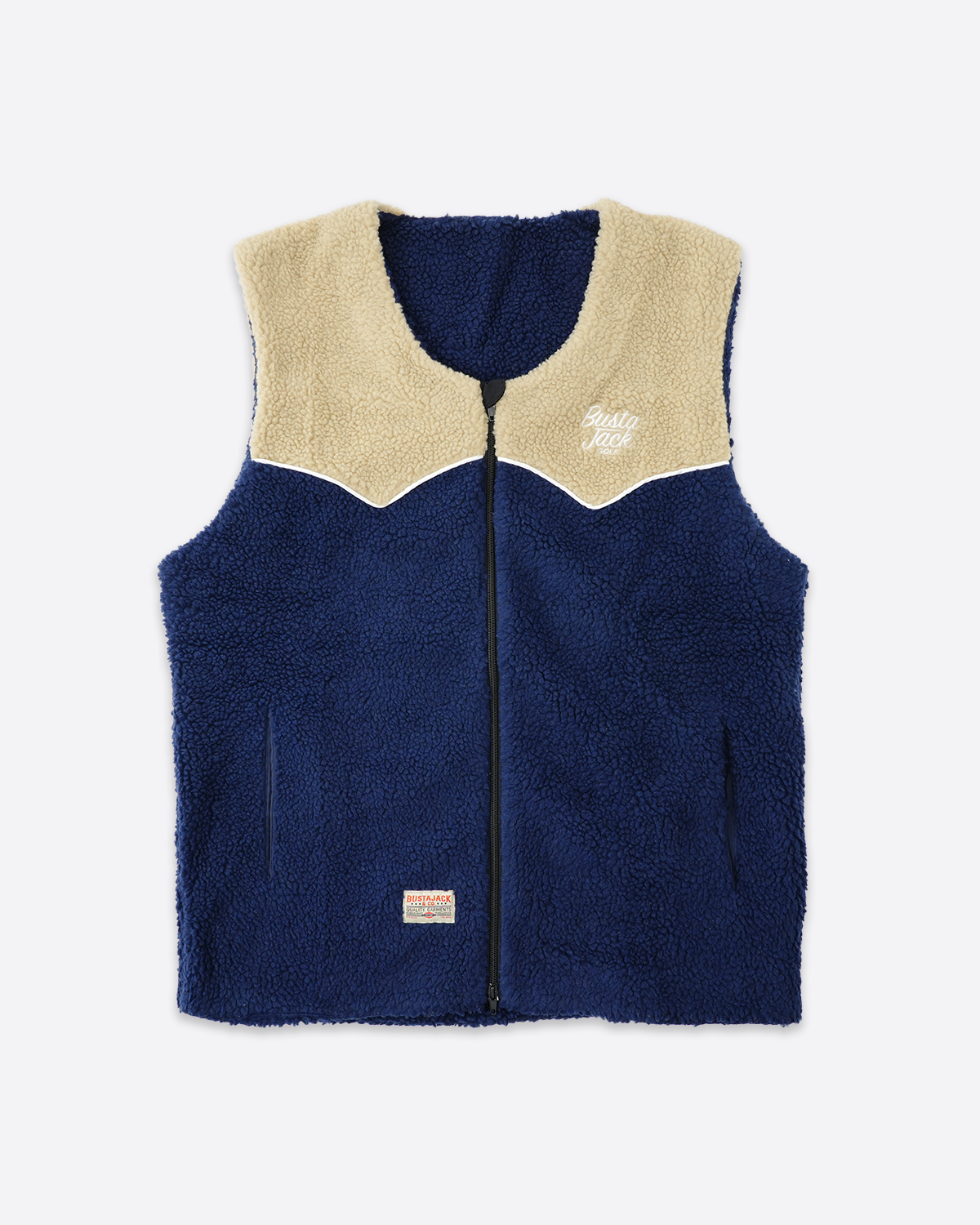Logo Sherpa Vest - Navy & Khaki – BustaJack Golf Logo Sherpa Vest - Navy & Khaki – BustaJack Golf